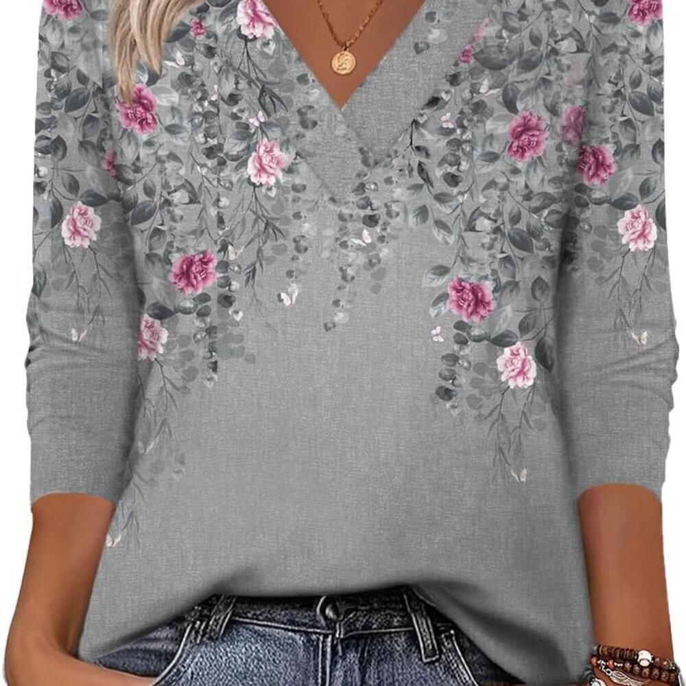 Floral V-Neck Women's Top in Gray with Pink Roses